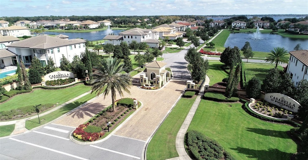 Aerial view of Windermere FL with lakefront homes-independently verified-real est