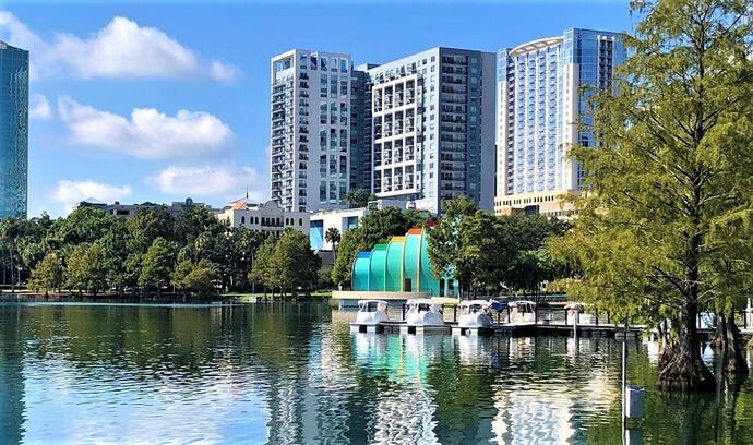 A view of Swan Boats in Lake Eola Park in Orlando, Florida