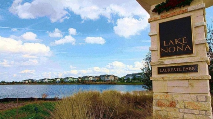A view of Lake Nona, Florida, with the Orlando International Airport in the background