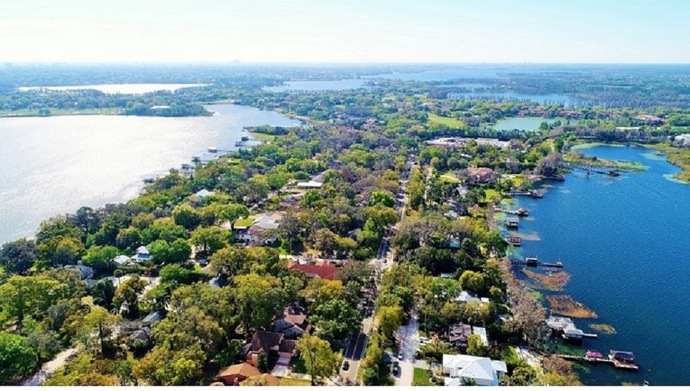 A view of Windermere, Florida, with the Butler Chain of Lakes in the foreground