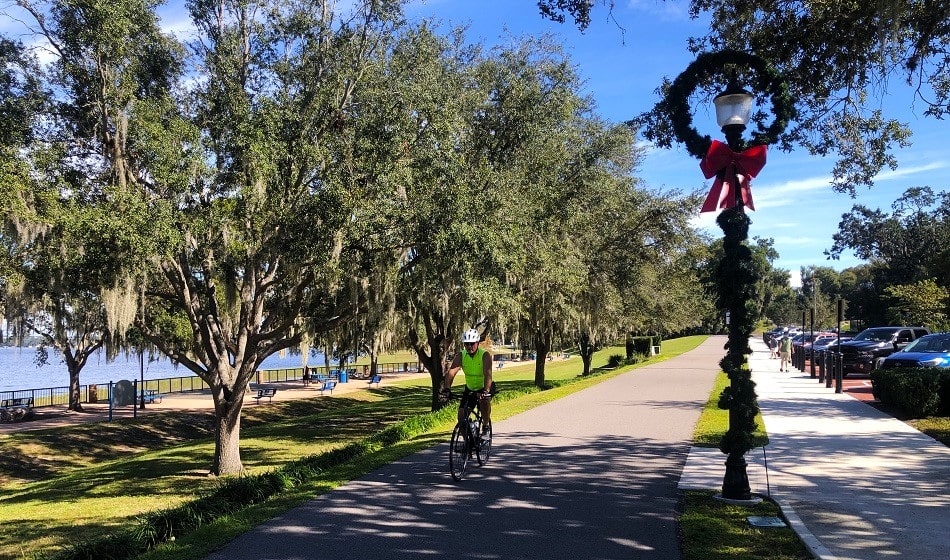 Cyclists enjoying the scenic South Lake Trail