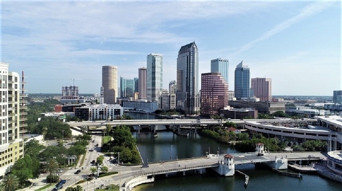 Aerial view of Tampa, Florida with waterfront properties and downtown skyline